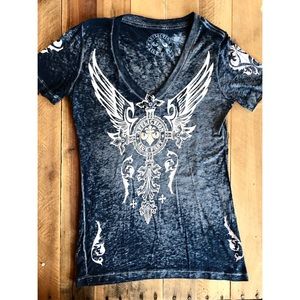 Affliction Front and Back Print Rhinestone V-Neck